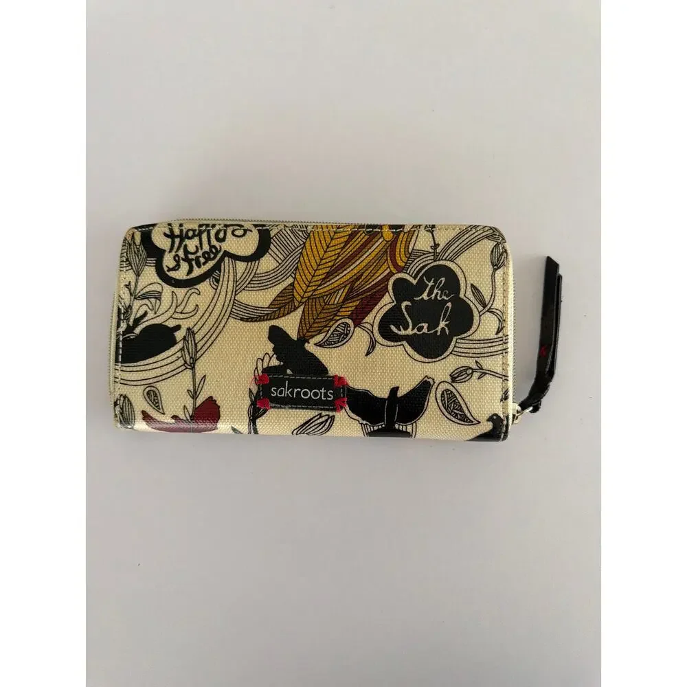 The Sak Sakroots Peace Coated Canvas Zip Around Wallet Floral Boho Embroidered